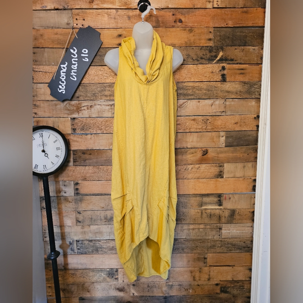 Cynthia Rowley Mustard Yellow Linen Blend Cowl Neck High Low  Dress Size S